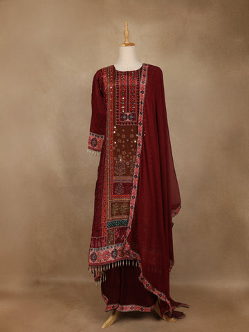 Maroon Floral Print Synthetic Palazzo Salwar Suit - Diadem
