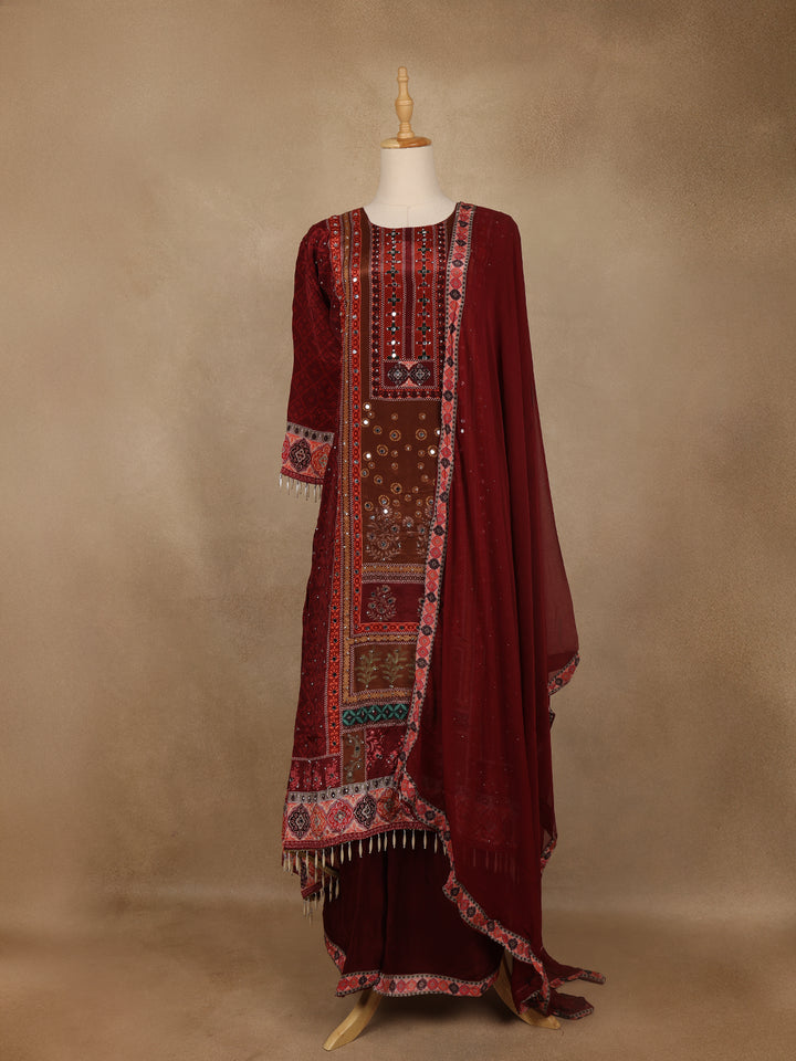 Maroon Floral Print Synthetic Palazzo Salwar Suit - Diadem