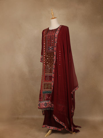 Maroon Floral Print Synthetic Palazzo Salwar Suit - Diadem