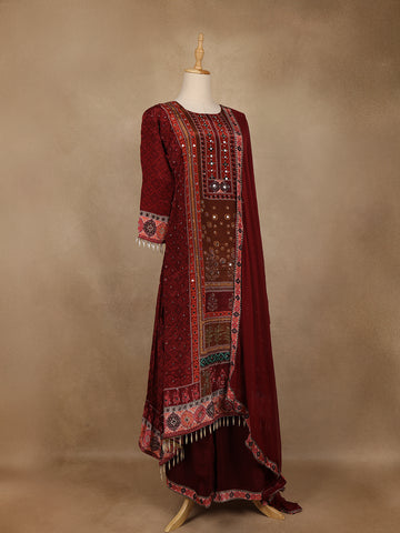 Maroon Floral Print Synthetic Palazzo Salwar Suit - Diadem