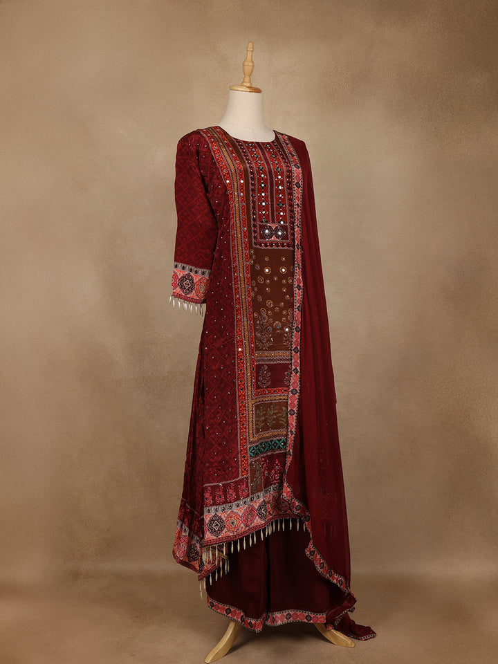 Maroon Floral Print Synthetic Palazzo Salwar Suit - Diadem