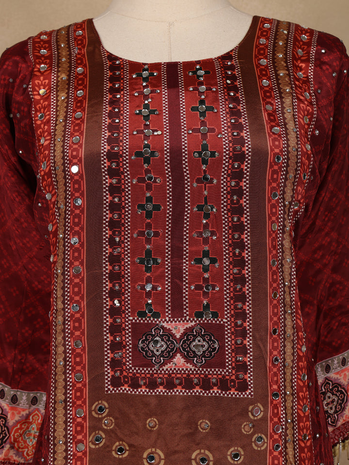 Maroon Floral Print Synthetic Palazzo Salwar Suit - Diadem