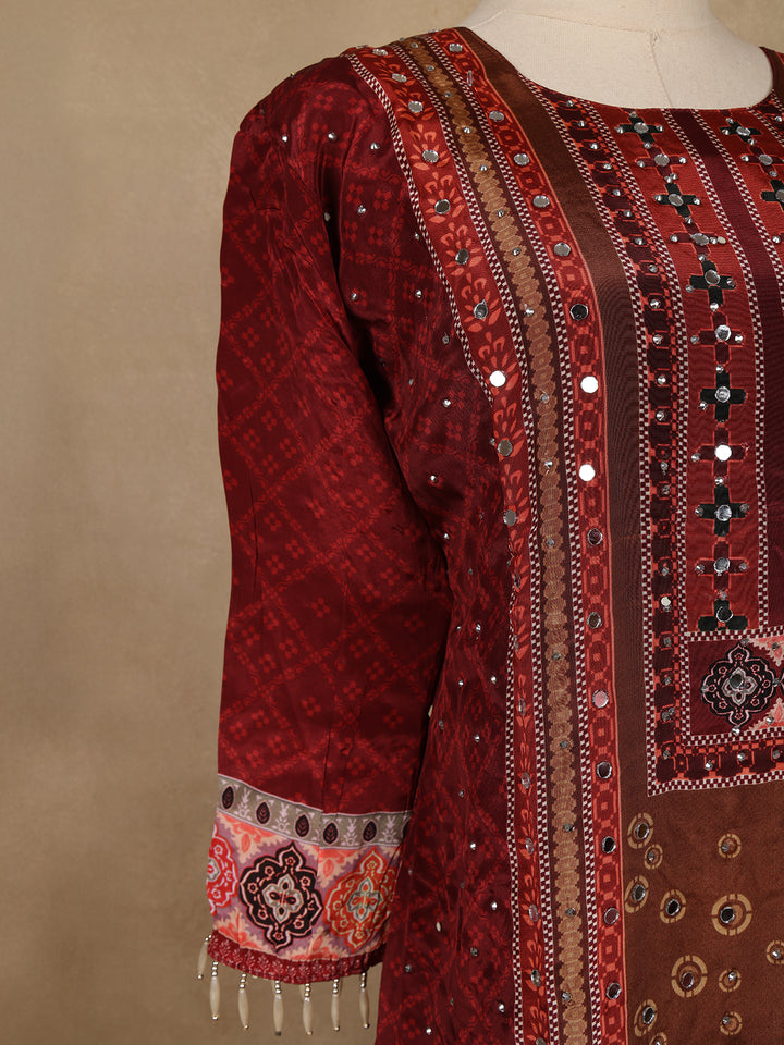 Maroon Floral Print Synthetic Palazzo Salwar Suit - Diadem