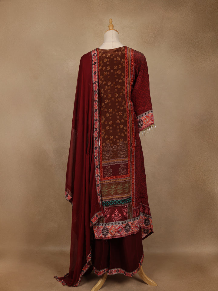 Maroon Floral Print Synthetic Palazzo Salwar Suit - Diadem