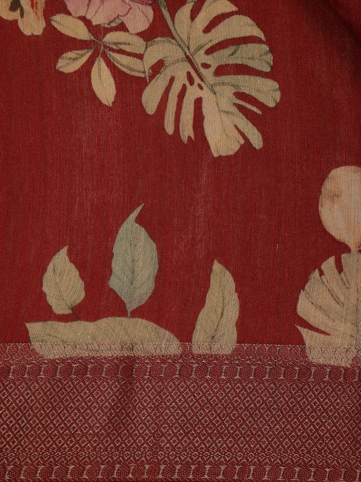 Maroon Floral Printed Banarasi Silk Saree - Diadem