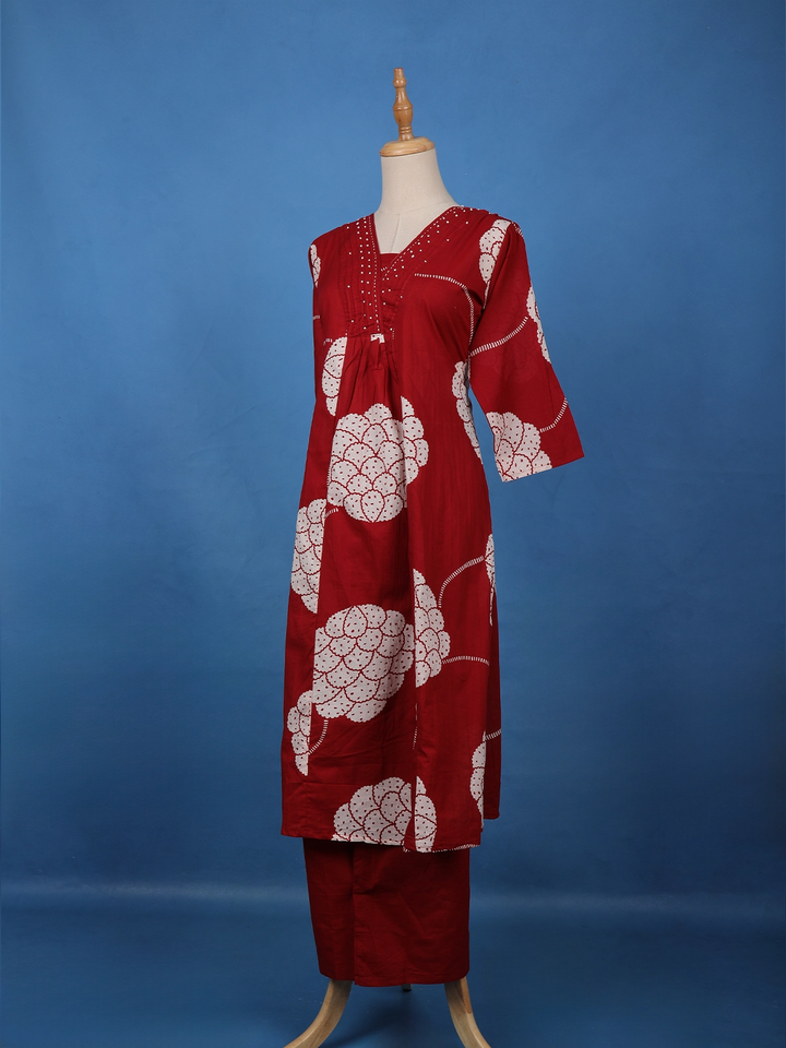 Maroon Floral Printed Cotton Salwar Suit - Diadem