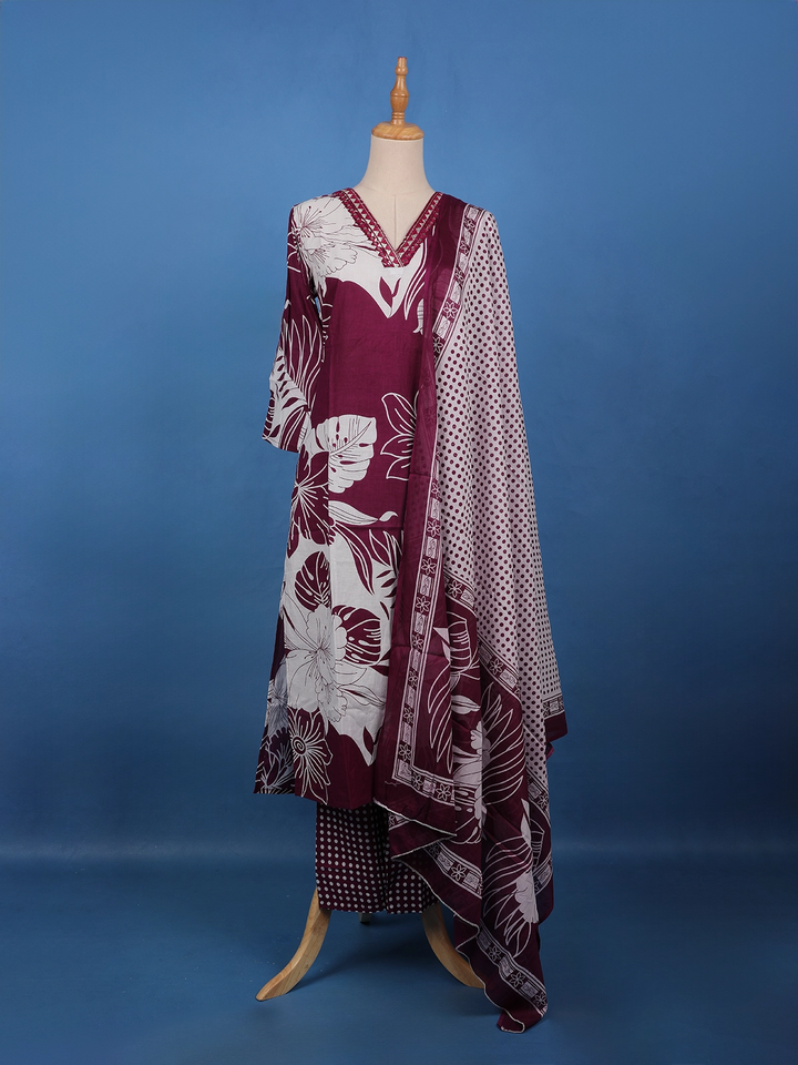 Maroon Floral Printed Cotton Salwar Suit - Diadem