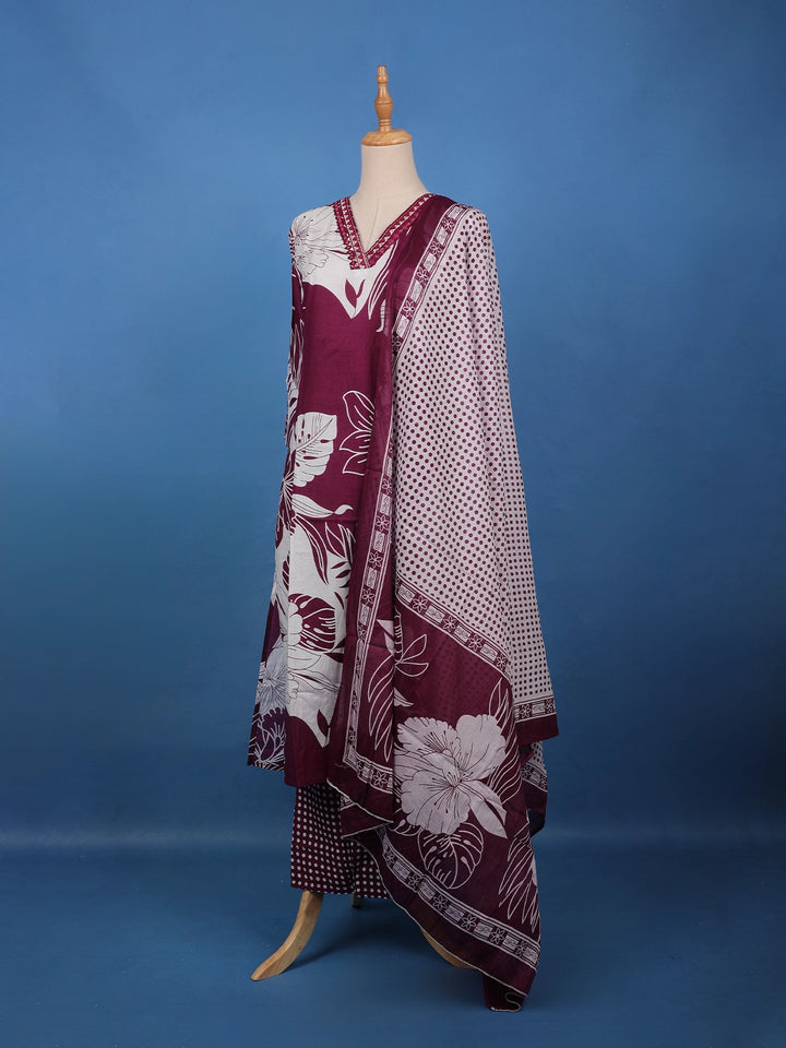 Maroon Floral Printed Cotton Salwar Suit - Diadem