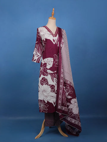 Maroon Floral Printed Cotton Salwar Suit - Diadem