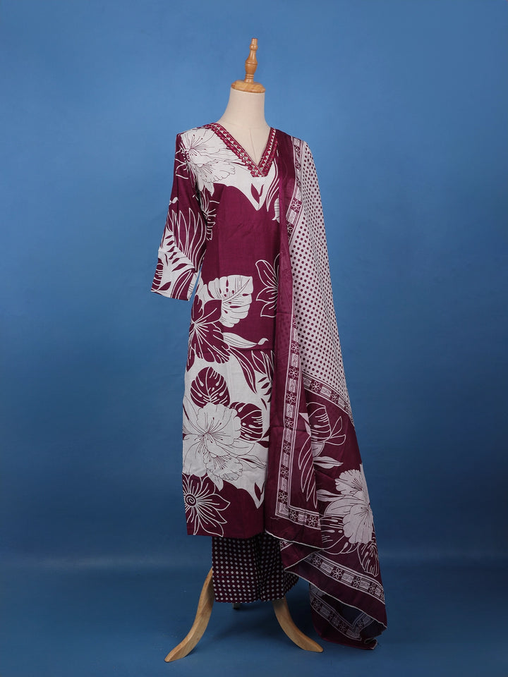 Maroon Floral Printed Cotton Salwar Suit - Diadem