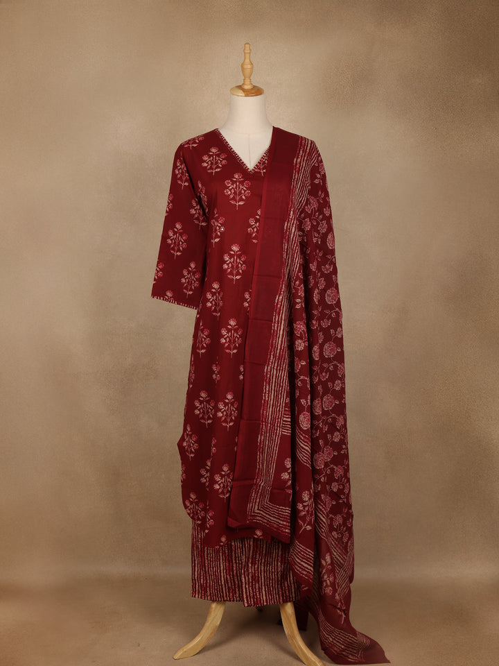 Maroon Floral Printed Cotton Salwar Suit with Dupatta - Diadem