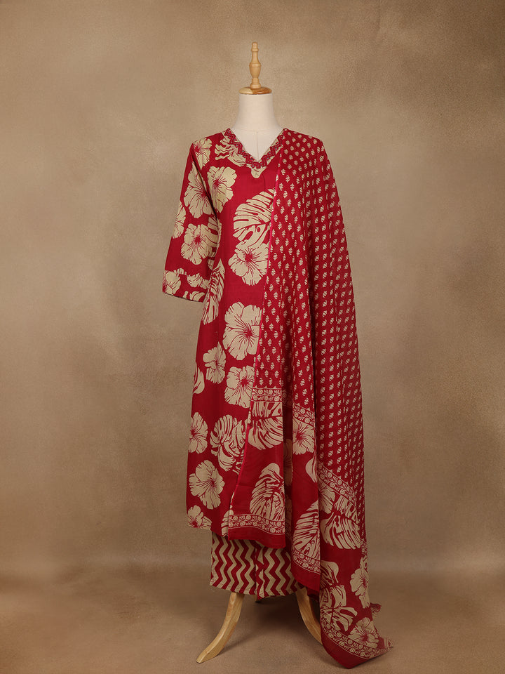 Red Floral Printed Cotton Salwar Suit with Dupatta - Diadem