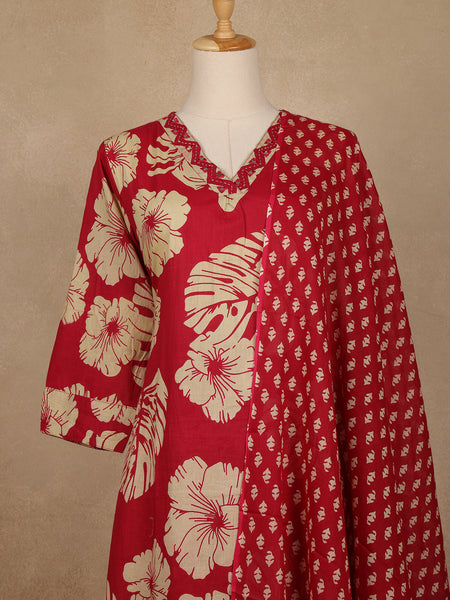 Red Floral Printed Cotton Salwar Suit with Dupatta - Diadem