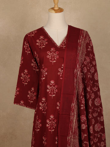 Maroon Floral Printed Cotton Salwar Suit with Dupatta - Diadem