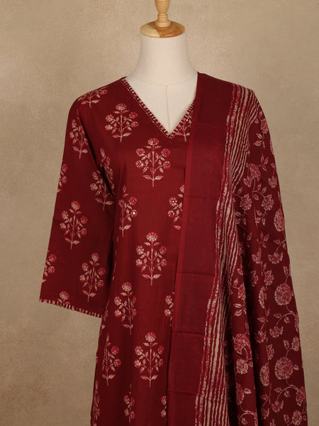 Maroon Floral Printed Cotton Salwar Suit with Dupatta - Diadem
