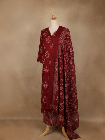 Maroon Floral Printed Cotton Salwar Suit with Dupatta - Diadem