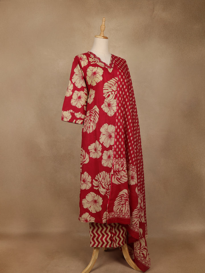 Red Floral Printed Cotton Salwar Suit with Dupatta - Diadem