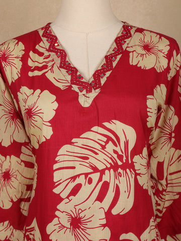 Red Floral Printed Cotton Salwar Suit with Dupatta - Diadem