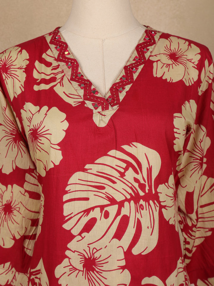 Red Floral Printed Cotton Salwar Suit with Dupatta - Diadem