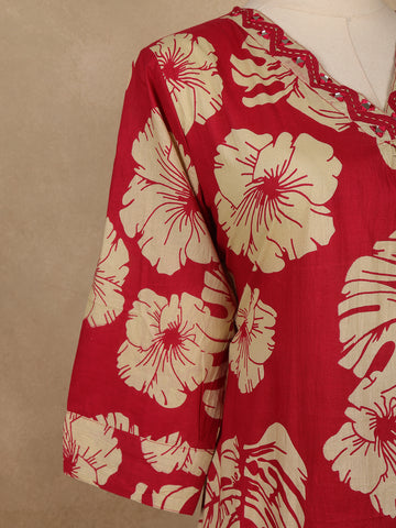 Red Floral Printed Cotton Salwar Suit with Dupatta - Diadem