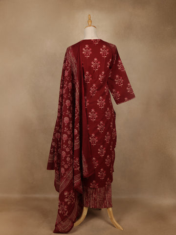 Maroon Floral Printed Cotton Salwar Suit with Dupatta - Diadem