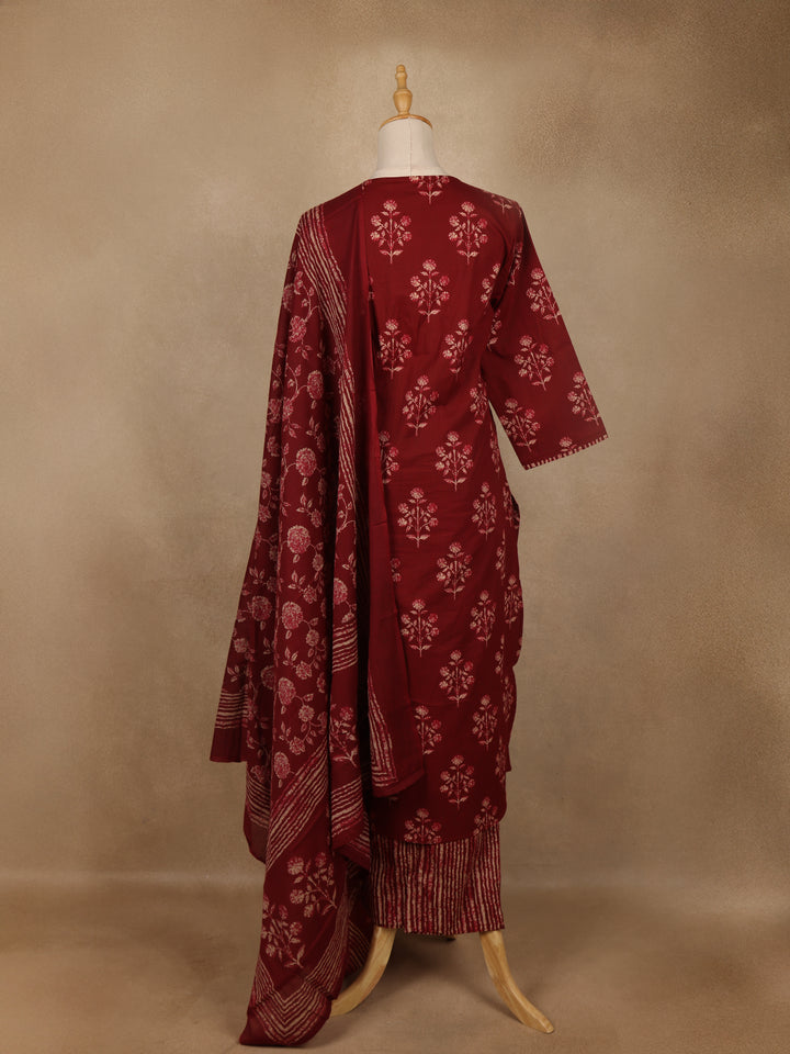 Maroon Floral Printed Cotton Salwar Suit with Dupatta - Diadem