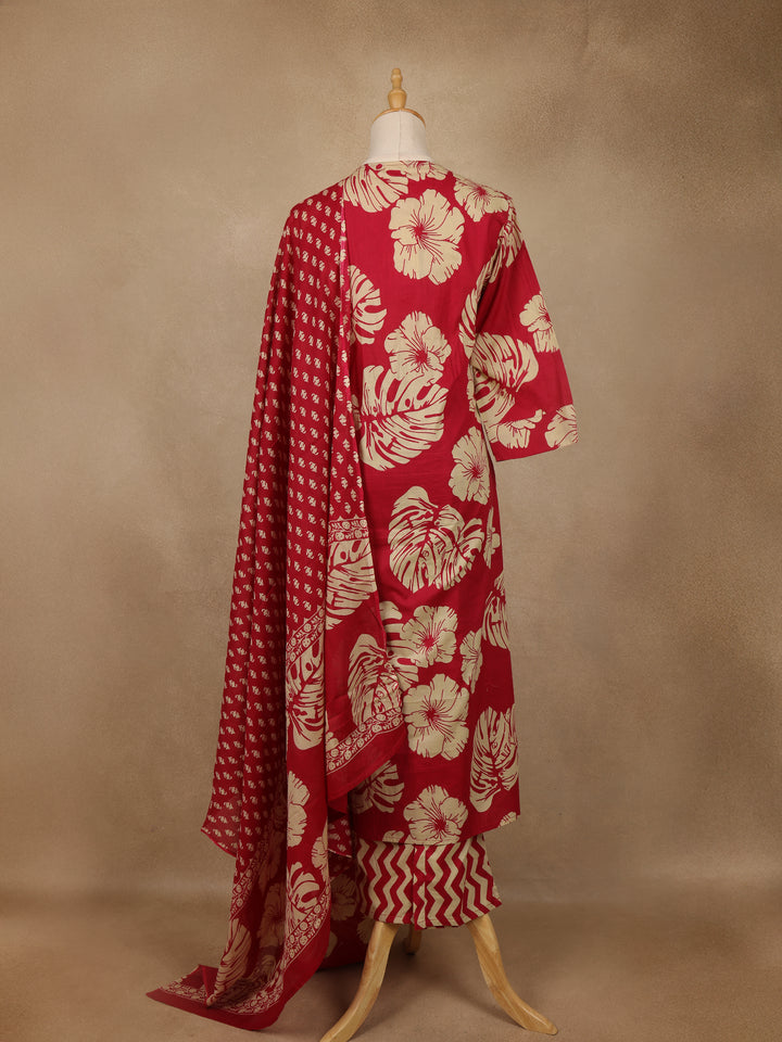Red Floral Printed Cotton Salwar Suit with Dupatta - Diadem