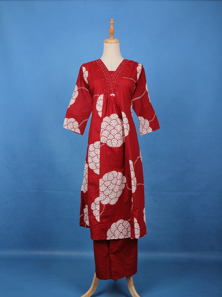 Maroon Floral Printed Cotton Salwar Suit - Diadem