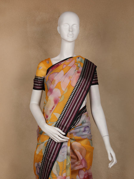 Mustard Yellow Floral Printed Kota Cotton Saree - Diadem