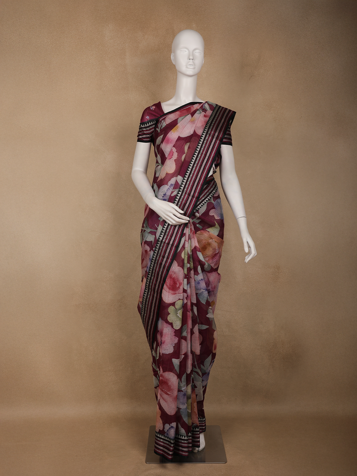 Maroon Floral Printed Kota Cotton Saree - Diadem