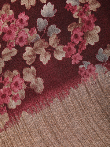 Maroon Floral Printed Raw Silk Saree - Diadem