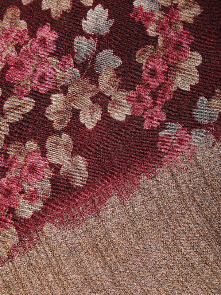 Maroon Floral Printed Raw Silk Saree - Diadem