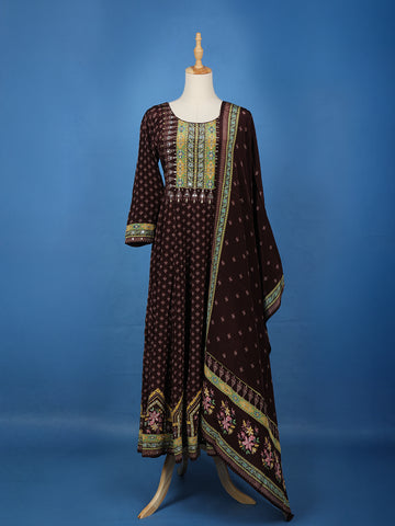 Maroon Floral Printed Synthetic Salwar Suit - Diadem