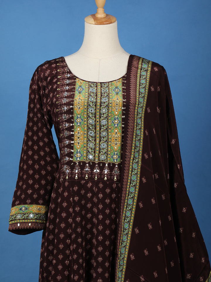 Maroon Floral Printed Synthetic Salwar Suit - Diadem