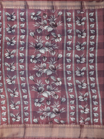 Maroon Floral Printed Tussar Silk Saree - Diadem