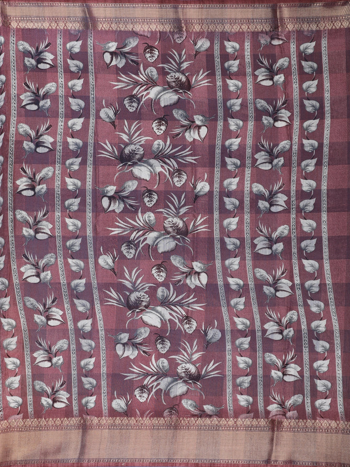 Maroon Floral Printed Tussar Silk Saree - Diadem