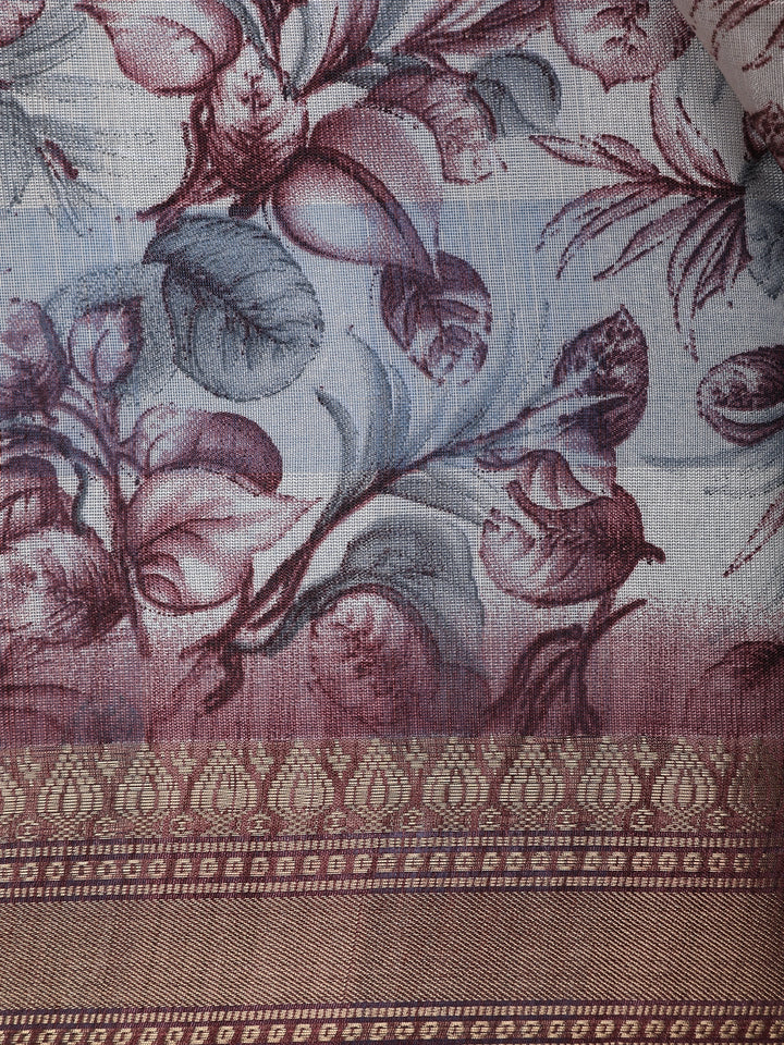 Maroon Floral Printed Tussar Silk Saree - Diadem