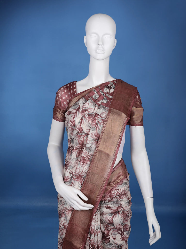 Maroon Floral Printed Tussar Silk Saree - Diadem