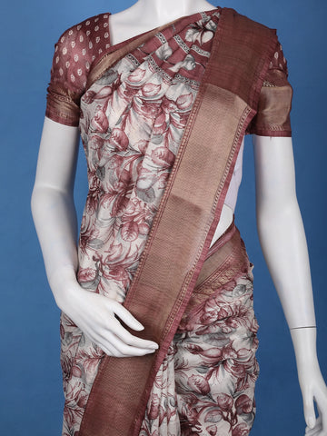 Maroon Floral Printed Tussar Silk Saree - Diadem