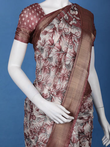 Maroon Floral Printed Tussar Silk Saree - Diadem