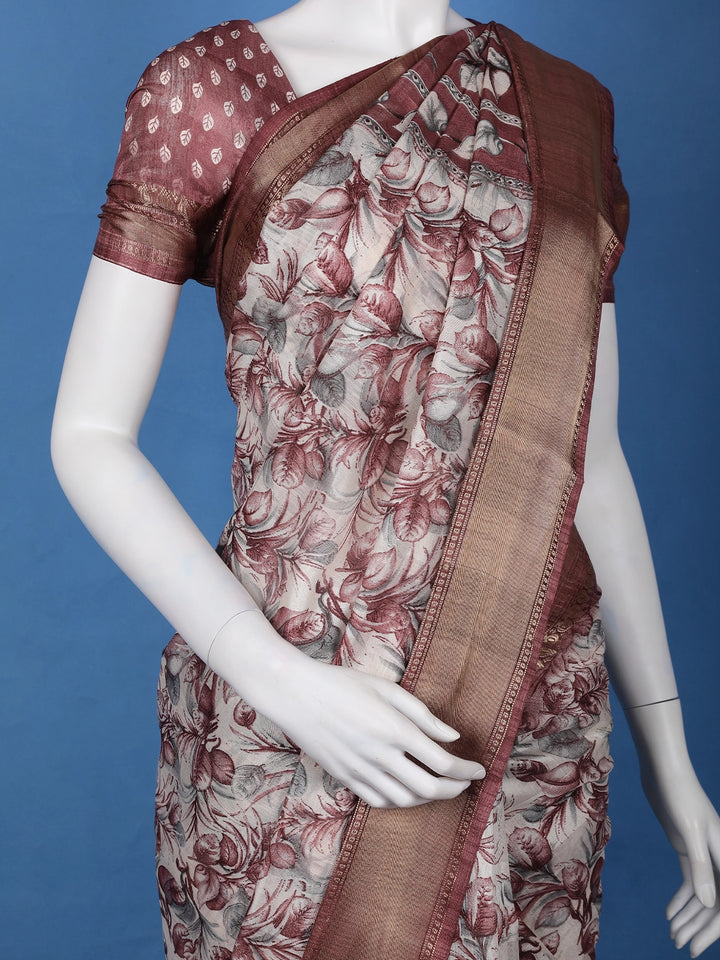 Maroon Floral Printed Tussar Silk Saree - Diadem