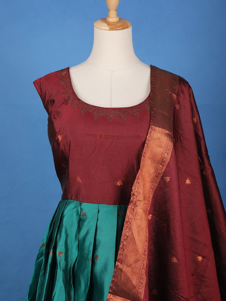 Maroon Floral Woven Banarasi Silk Gown with Dupatta - Diadem