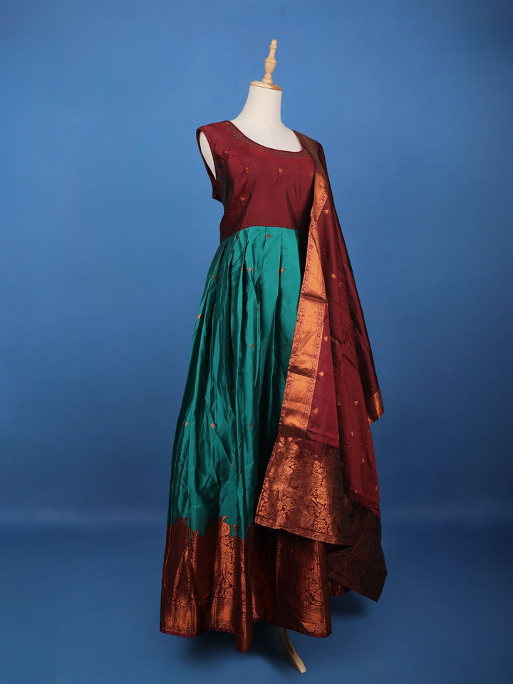 Maroon Floral Woven Banarasi Silk Gown with Dupatta - Diadem