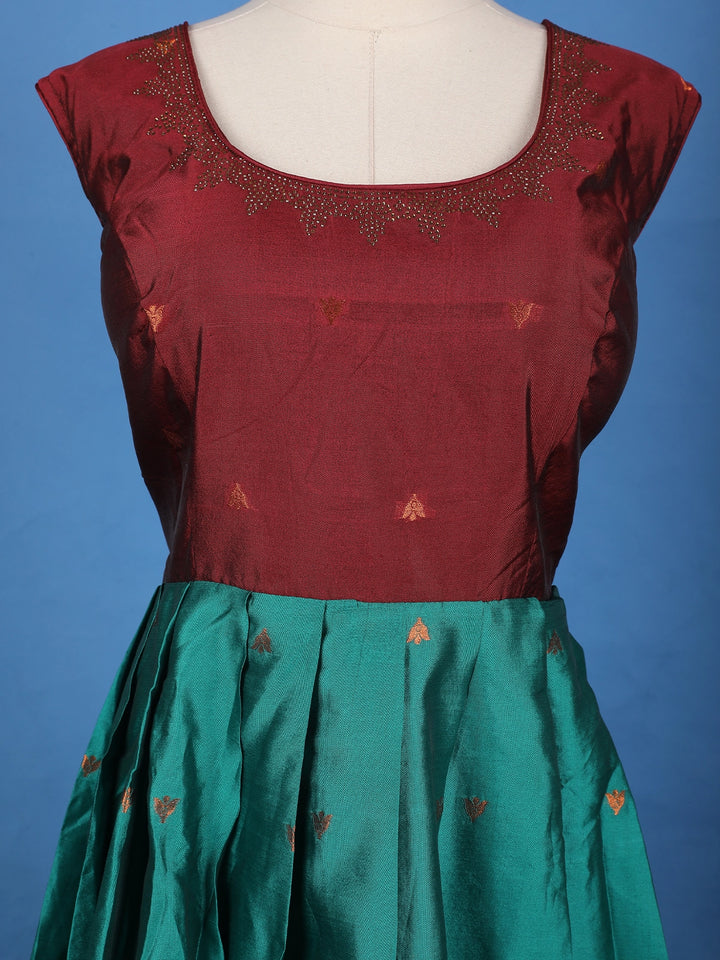 Maroon Floral Woven Banarasi Silk Gown with Dupatta - Diadem