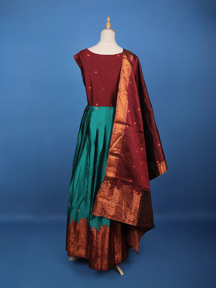 Maroon Floral Woven Banarasi Silk Gown with Dupatta - Diadem
