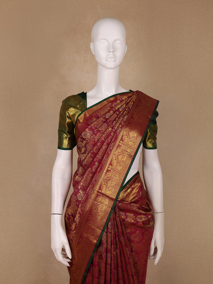 Maroon Floral Zari Woven Kanchipuram Silk Saree - Diadem