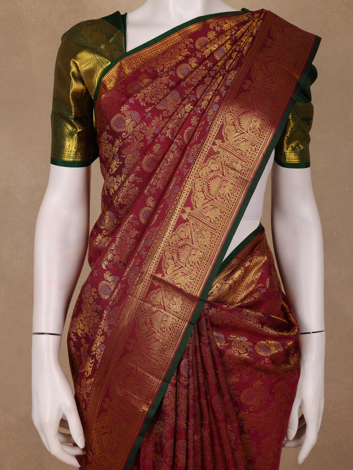 Maroon Floral Zari Woven Kanchipuram Silk Saree - Diadem