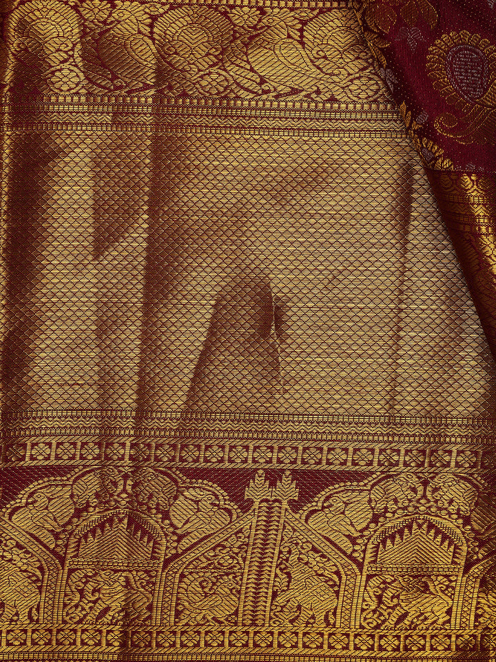 Maroon Floral Zari Woven Kanchipuram Silk Saree - Diadem