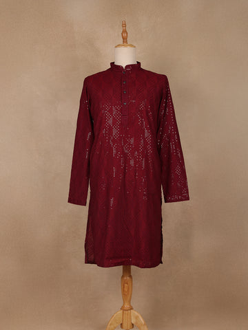 wine Geometric Sequin Design Cotton Kurta - Diadem