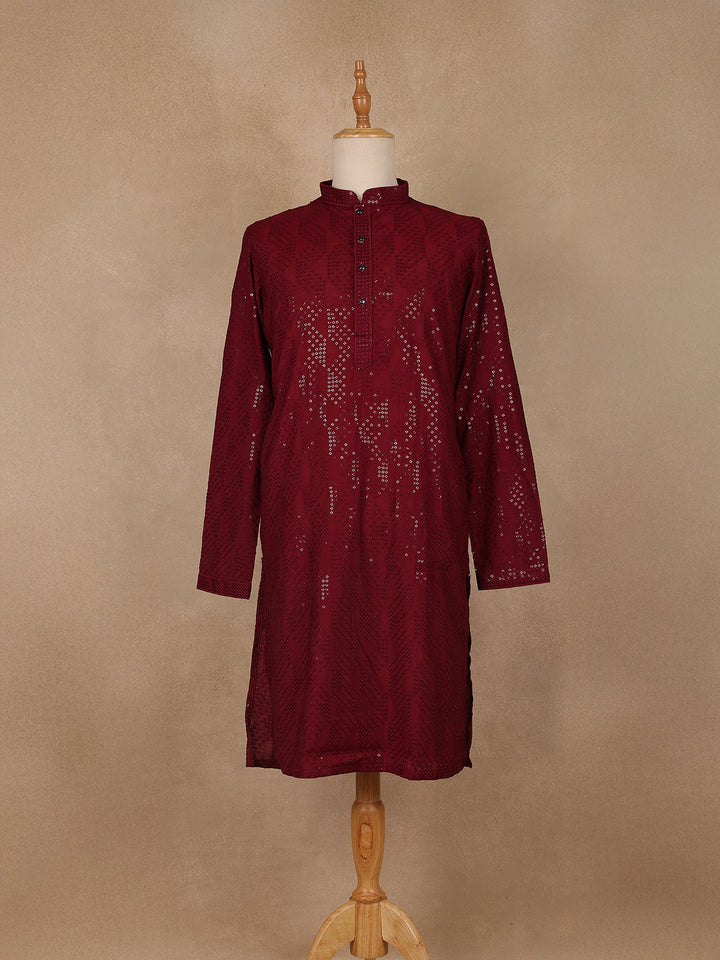 wine Geometric Sequin Design Cotton Kurta - Diadem